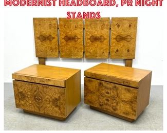 Lot 1221 3pc LANE Burl Wood Modernist Headboard, Pr Night Stands