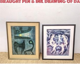 Lot 1405 2pc Modernist Art. ROSS BRAUGHT Pen Ink Drawing of Da