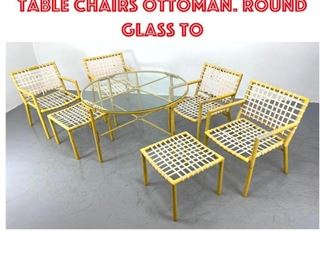 Lot 1427 7pc Outdoor Dining Table Chairs Ottoman. Round Glass To