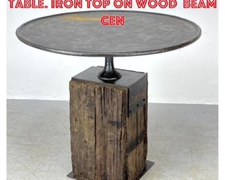 Lot 1479 Industrial Iron Round Table. Iron Top on Wood Beam Cen