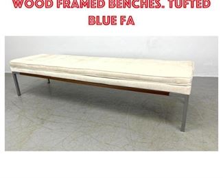 Lot 1535 Modernist Steel and Wood Framed Benches. Tufted blue fa