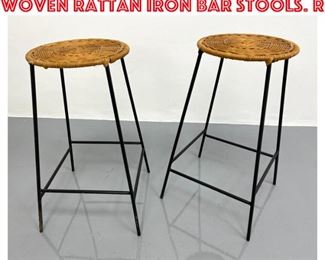 Lot 1693 Pr Arthur Umanoff style Woven Rattan Iron Bar Stools. R
