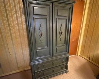Vintage Spanish Revival Solid Painted Wood Bedroom Set. Armoire, Dresser and mirror, and 2 nightstands 