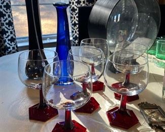 (6) midcentury Luminarc ruby red hex based wine glasses | Made in France