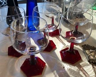 (6) midcentury Luminarc ruby red hex based wine glasses | Made in France