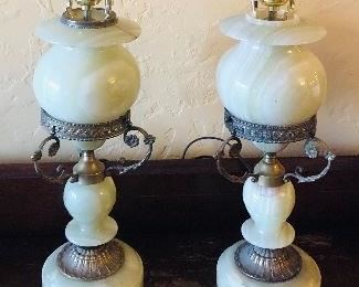 Pair of onyx & brass lamps - each 28" tall overall (harps & finials are not original)