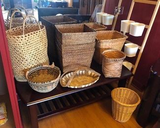 Baskets galore + dark mahogany finish coffee table