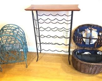 Wine racks, picnic basket with complete kit - center rack is 23”L, 10”D, 30”H.