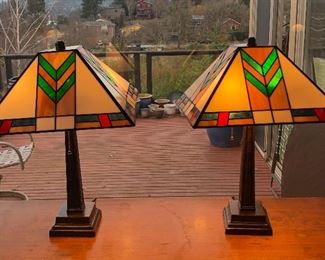 Pair of Frank Lloyd Wright inspired lamps (21”H, 14.5” wide at bottom of shade)