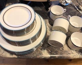 24 pieces of Kate Spade “Library Lane Aqua” china by Lenox (5 each of dinner plates & cups, 7 each of salad & bread plates)