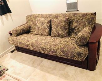 Futon sofa #2 - folds flat to bed. With 2 drawers underneath + arms flip up for more storage. As shown: 87”L, 43”D, 32”H.