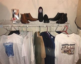 Brand new boots by Stacy Adams (men’s size 9.5), slip-ons by Sketchers (men’s size 11), t-shirts & sweatshirts