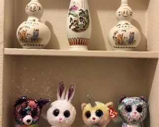 Empty Chinese liquor bottles, big eyed Beanie Babies