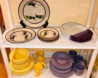Colorful dishes: Kaleido stoneware, Fabrik platters with purple (!) stripes, Everyday Living yellow & lavender sets
