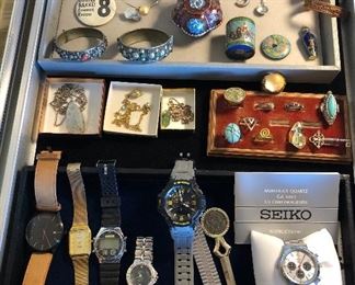 Watches incl. MVMT, Casio G Shock & Seiko Cal. 6T63 Chronograph with orig. box; costume jewelry rings, bracelets, cloisonné boxes & more