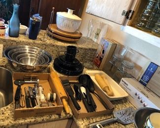 Kitchen utensils, stainless bowls, salad spinner