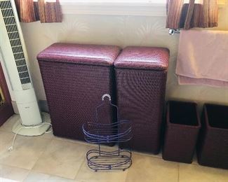Tower fan, woven hampers & waste baskets