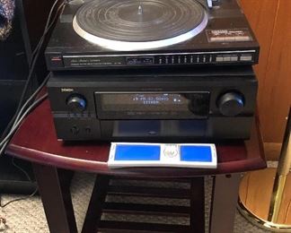 Fisher MT-750 linear tracking turntable, Denon AVR-3805 AV receiver with RC-969 remote - on mahogany finish end table