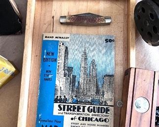 Lg. Vtg. wooden paper holder w/1970 quarter inserted in top -- Rank McNally Street Guide of Chicago 