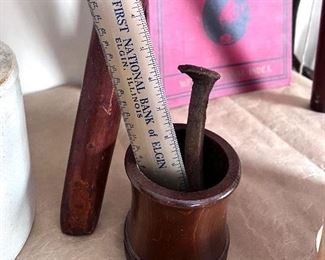 Vtg. The First Nation Bank of Elgin ruler -- Vtg. railroad spike -- Imperial Atlas of the World book 