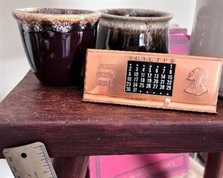 Wood stool, Copper Monthly colander "Jesus Never Fails" -- 2 small clay pottery pots 