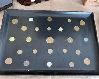 Wonderful Vtg. Coin tray by Couroc hand inlaid coins by Couroc of Monterey 