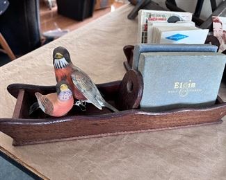 1 of 3 wooden cracker trays - 2 ceramic clip on birds and 2 double decks of cards