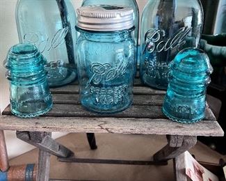 4 of DOZENS!! Blue Ball jars & 2 Vtg. blue glass insulator -- Sm. Vtg. wood foot rest