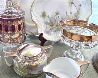 Vtg. handpainted plates, cream & sugar and candy jar w/lid