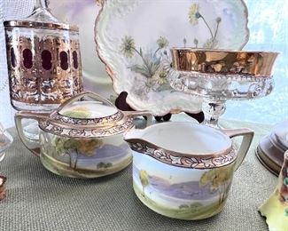 Vtg. cream & sugar, Gold embossed candy jar and footed candy dish 