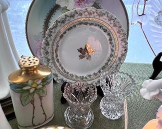 Vtg. hand painted plates and tooth pick cups 