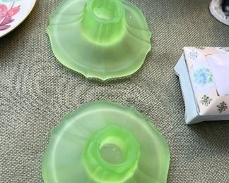 Vtg. Green frosted Vaseline glass candle sticks 