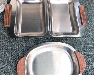 Mid Century Modern stainless steel serving trays w/wooden handles 