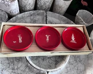 Vtg. Japanese red plastic coasters - never used 