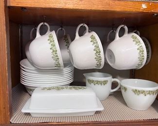 Corelle Livingware by Corning - Green Daisy pattern - cups & saucer, bowls, butter dish w/lid and cream & sugar