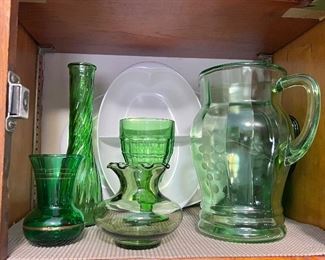 Misc grees vases and Vtg. green glass pitcher w/etched grapes 