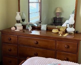 Maple ladies dresser w/mirror, tall boy dresser, night stand and full head board 