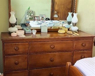 Maple ladies dresser w/mirror, tall boy dresser, night stand and full head board 