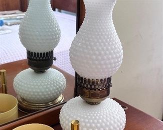 Matching  Vtg. Hobnail milk glass lamps 