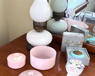 Matching  Vtg. Hobnail milk glass lamps 