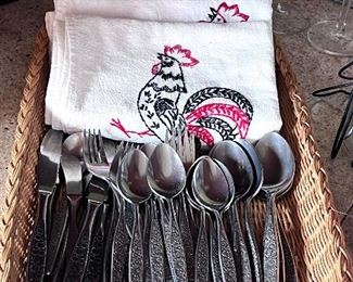Vtg. Flatware and Vtg. stitched dish towels 