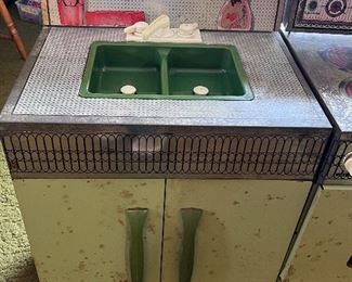 Vintage two piece metal set - child’s sink cabinet and stove