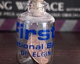 Vtg. First National Bank of Elgin mini penny jar 