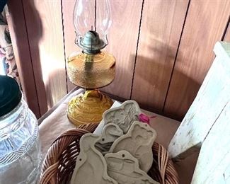 Vtg. oil lamp and clay Brown Bag cookie molds - Angel, Duck, Bear & Boat