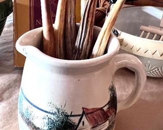 Vtg. hand painted pitcher and 6 Bone handled knives