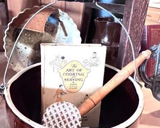 Vtg. Clay bowl w/handle and The Art of Cooking and Serving by Sarah Field Splint