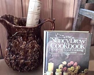 The Nancy Drew Bookbook by Carolyn Keene (no mystery here, they will give you all the directions) - Glazed pitcher and wooden rolling pin