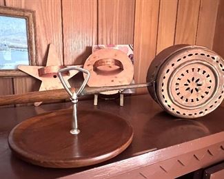 Wooden appetizer dish w/center handle - 1 of 2 Copper bed warmer w/long handle and 2 Lg. Martha Stewart copper cookie cutters