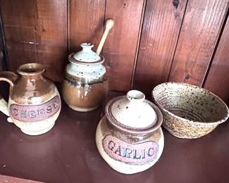 Ceramic Garlic, Cheese and Honey jars and small bowl