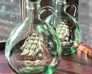 2 Green glass decanters w/sailing ships